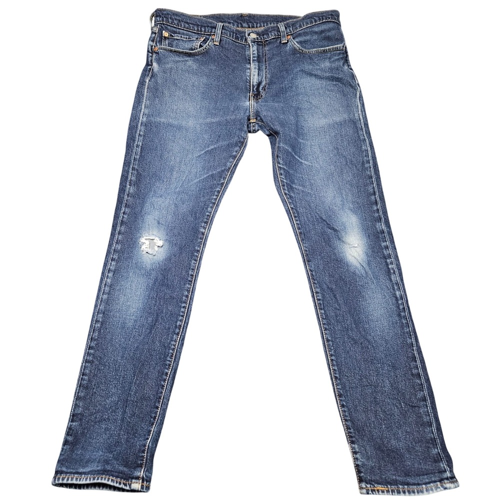 Levis Premium 512 Slim Taper Jeans 36x34 Blue Distressed Faded Denim